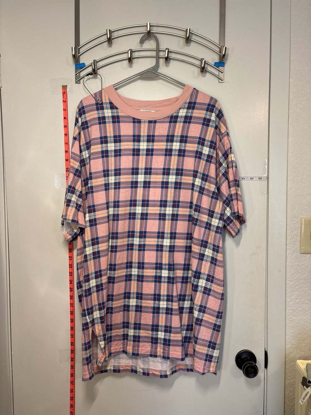 H: Pink Check long Short Sleeve Shirt dress y2k med